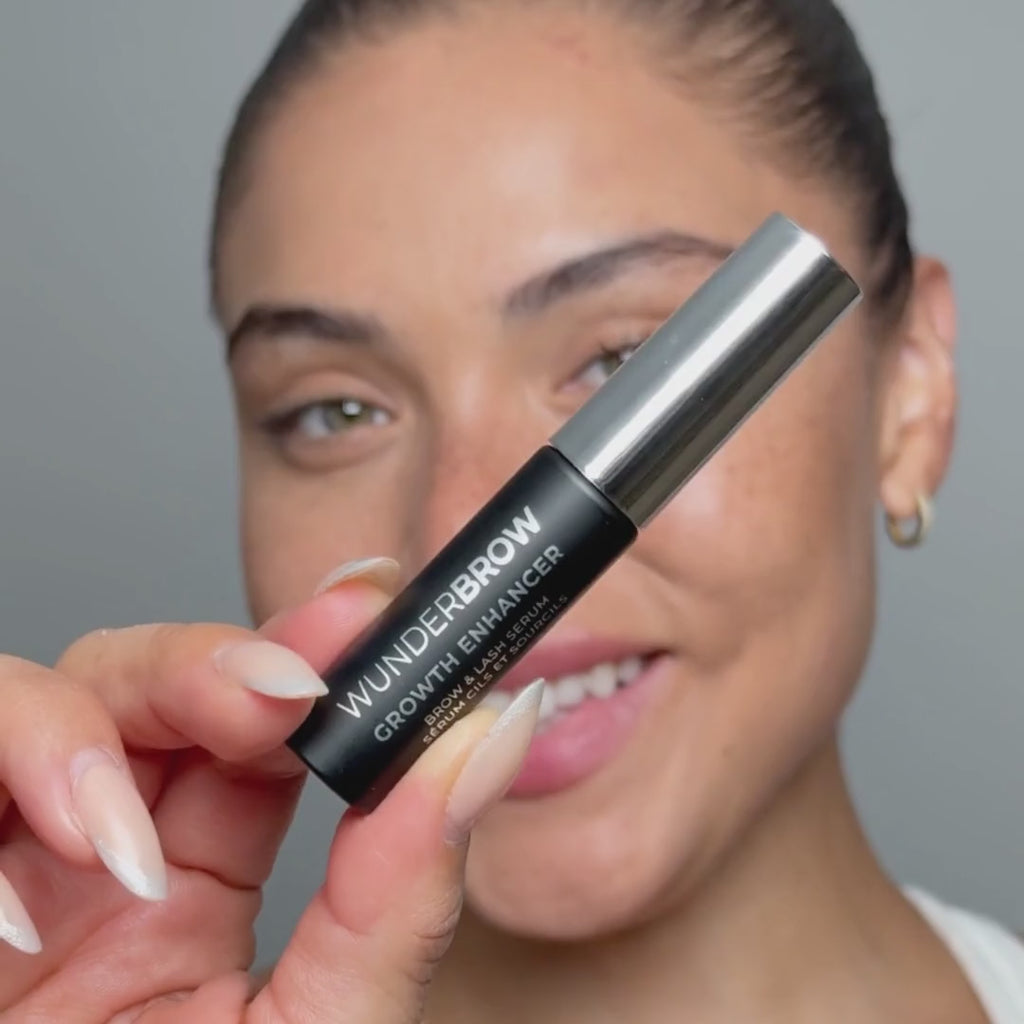 women showing how to apply Growth enhancer brow and lash serum from Wunderbrow